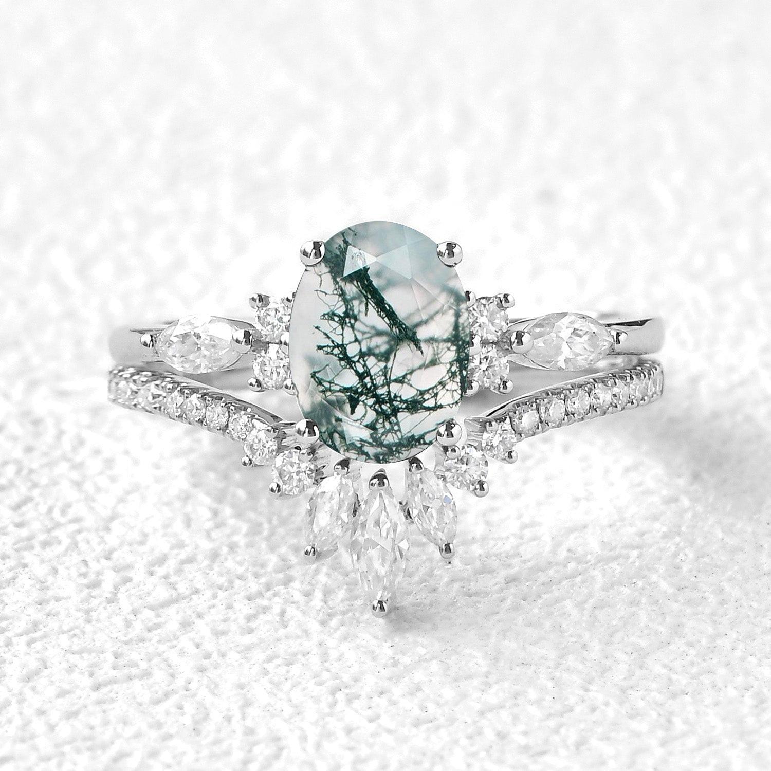 Rebecca 1.5ct Oval Cut Moss Agate Engagement Ring Set 2pcs.