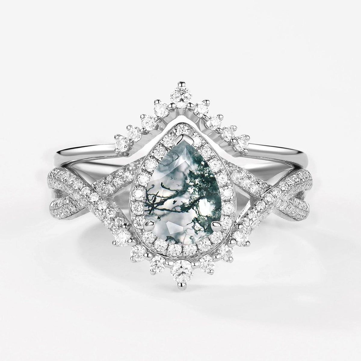 Valentina’s Eternity | Pear Moss Agate Halo Infinity Bridal Set 2pcs.