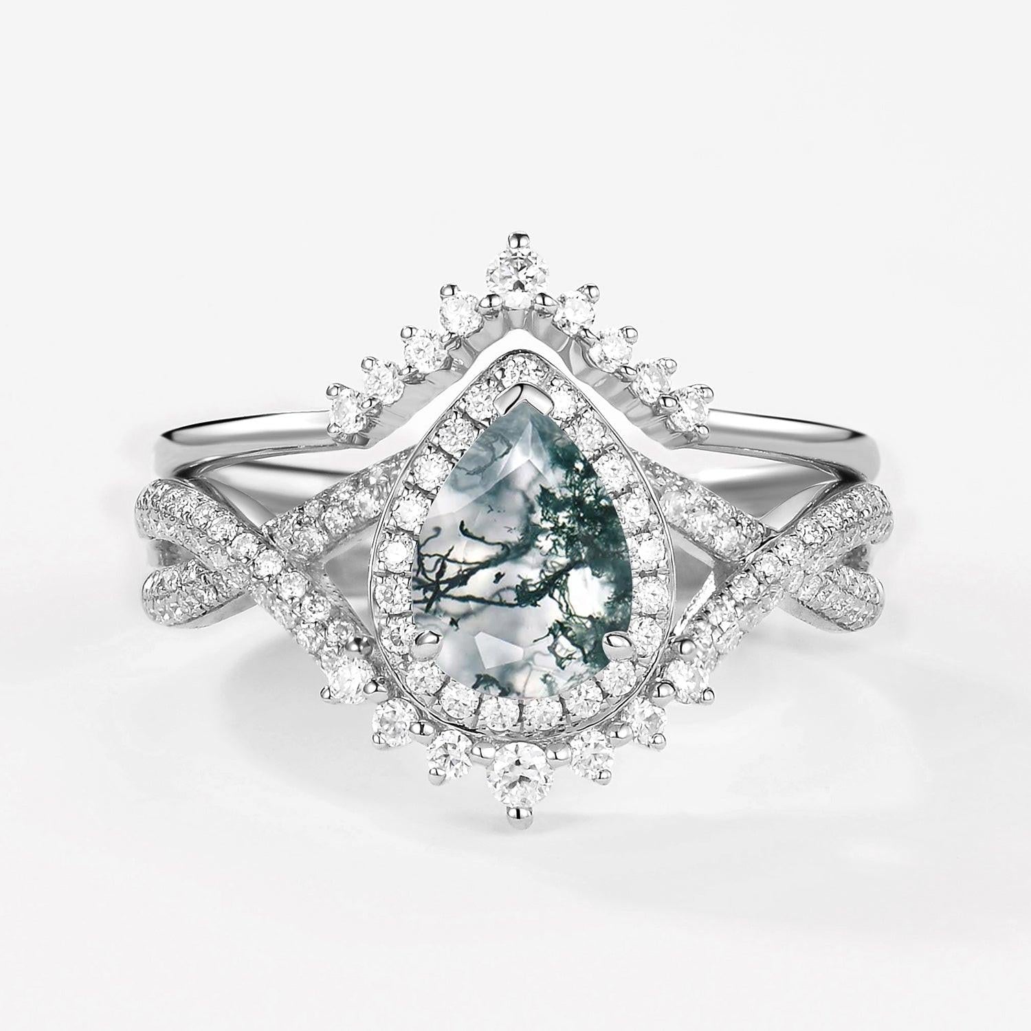 Valentina’s Eternity | Pear Moss Agate Halo Infinity Bridal Set 2pcs.