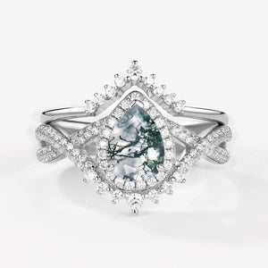 Valentina’s Eternity | Pear Moss Agate Halo Infinity Bridal Set 2pcs.