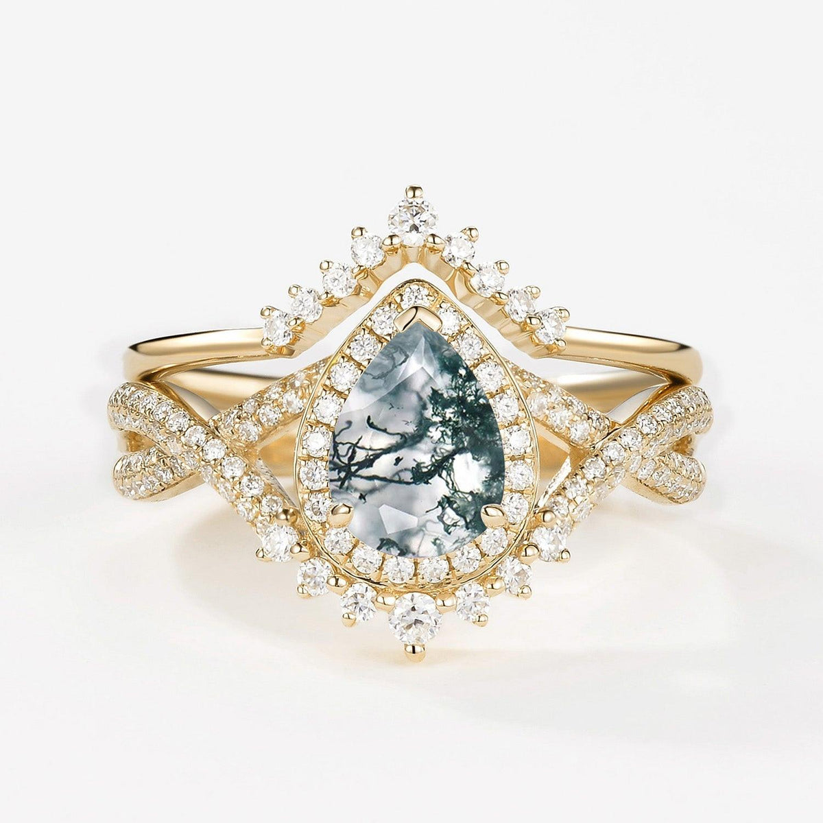 Valentina’s Eternity | Pear Moss Agate Halo Infinity Bridal Set 2pcs.