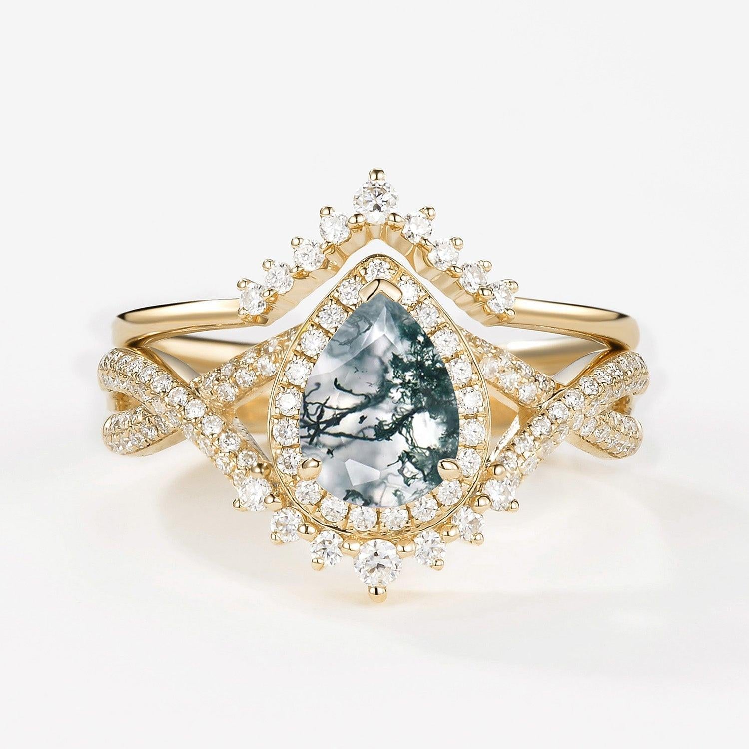 Valentina’s Eternity | Pear Moss Agate Halo Infinity Bridal Set 2pcs.
