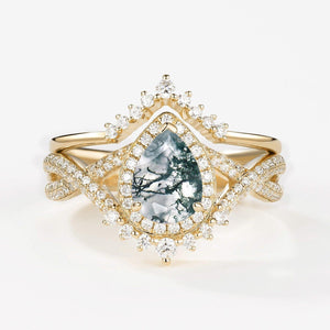 Valentina’s Eternity | Pear Moss Agate Halo Infinity Bridal Set 2pcs.