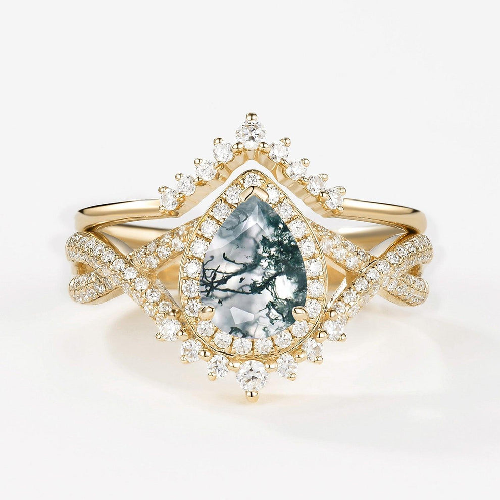 Valentina’s Eternity | Pear Moss Agate Halo Infinity Bridal Set 2pcs.