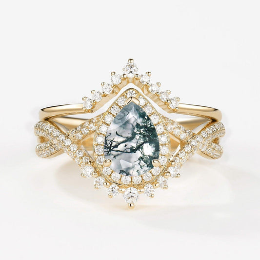 Valentina’s Eternity | Pear Moss Agate Halo Infinity Bridal Set 2pcs.