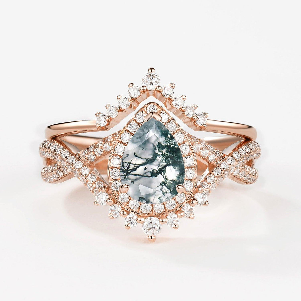 Valentina’s Eternity | Pear Moss Agate Halo Infinity Bridal Set 2pcs.