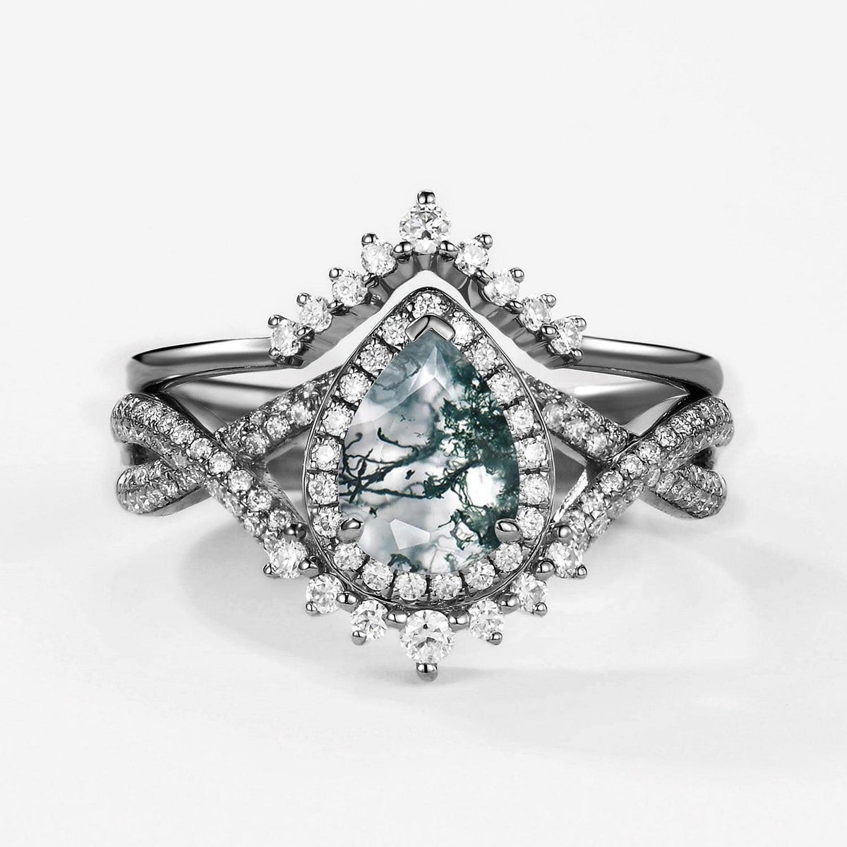 Valentina’s Eternity | Pear Moss Agate Halo Infinity Bridal Set 2pcs.