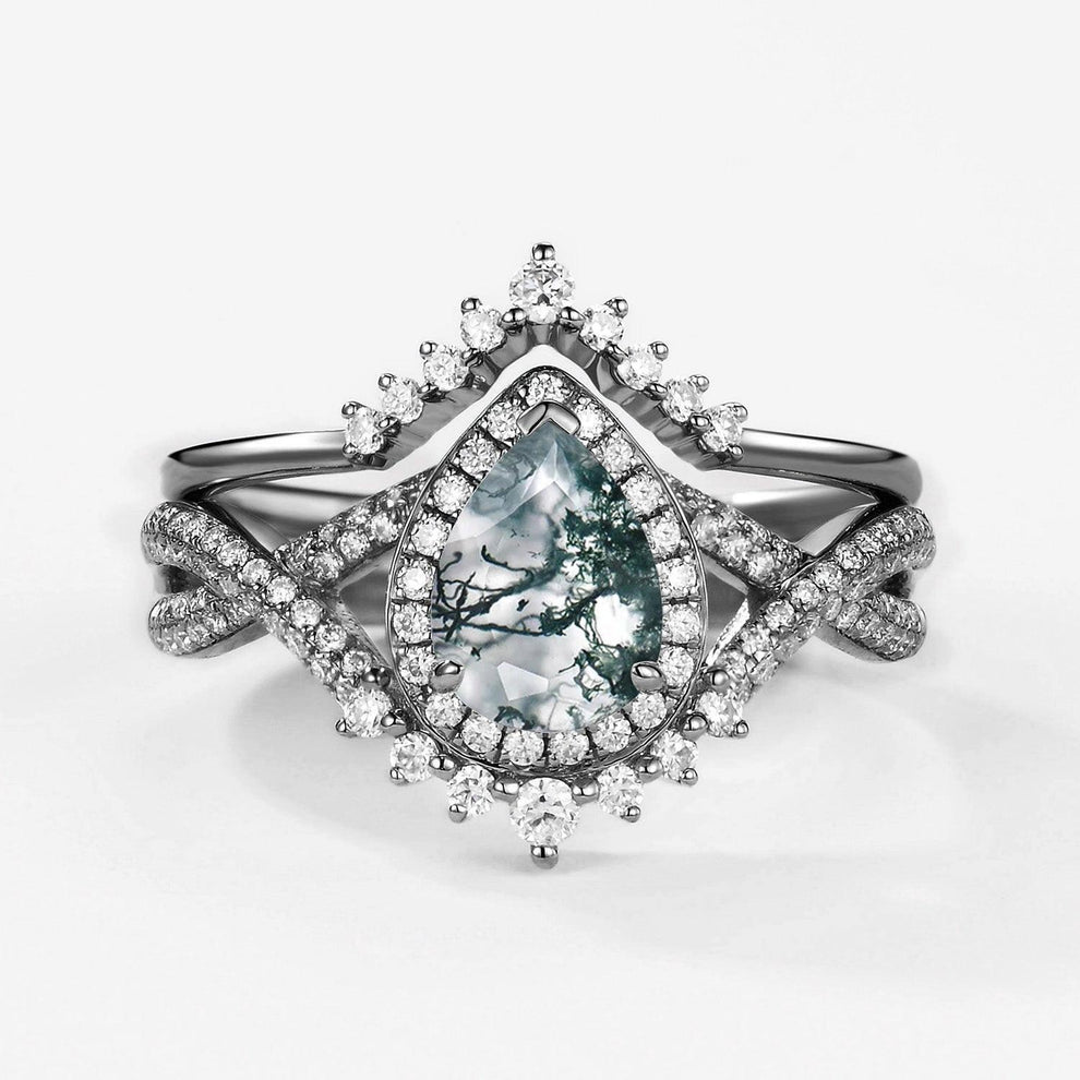 Valentina’s Eternity | Pear Moss Agate Halo Infinity Bridal Set 2pcs.