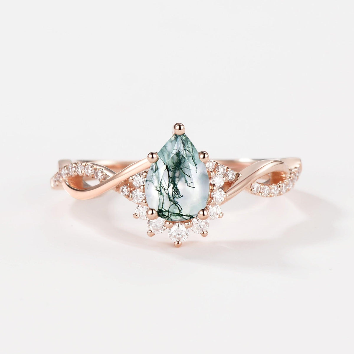 Barbara’s Grove | Pear Moss Agate Infinity Engagement Ring.