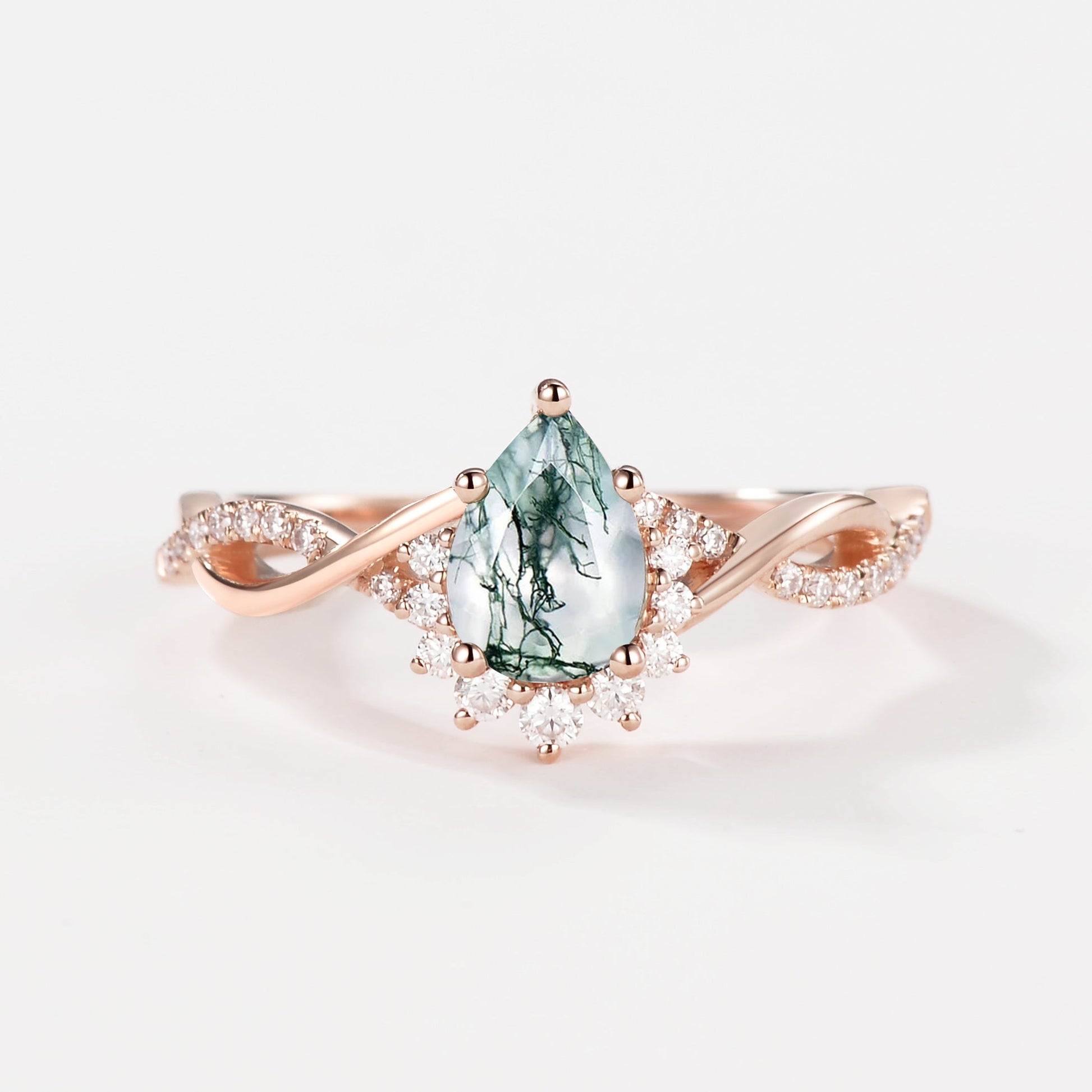 Barbara’s Grove | Pear Moss Agate Infinity Engagement Ring