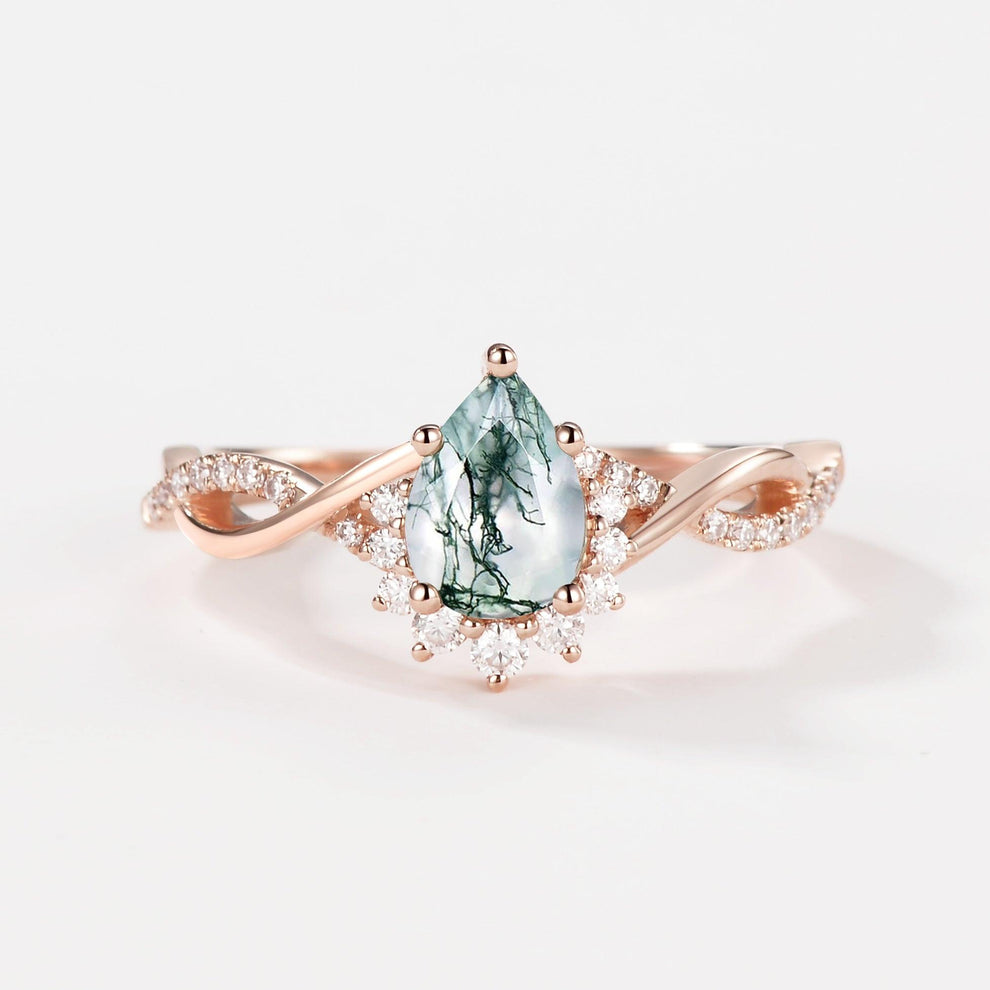 Barbara’s Grove | Pear Moss Agate Infinity Engagement Ring.