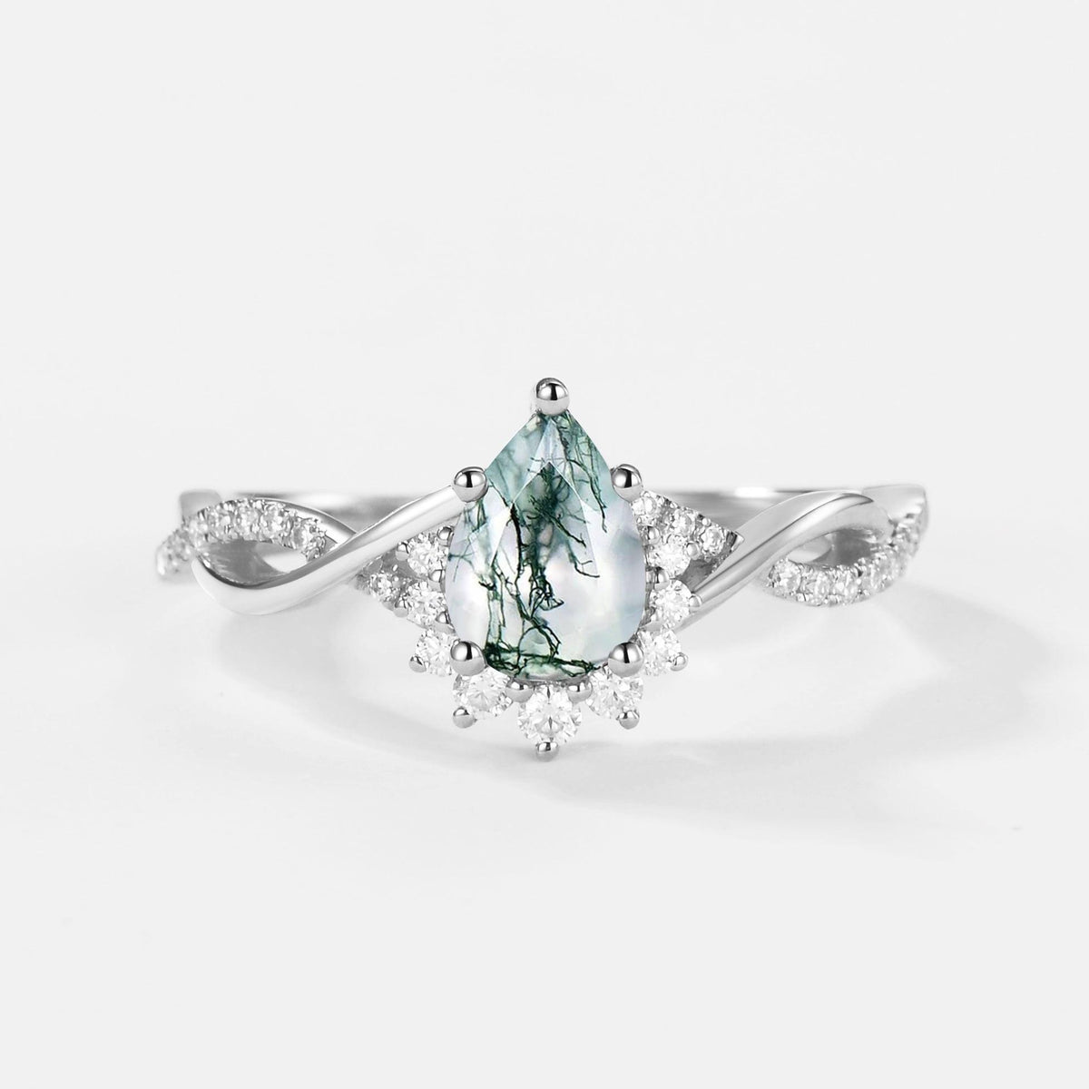 Barbara’s Grove | Pear Moss Agate Infinity Engagement Ring.