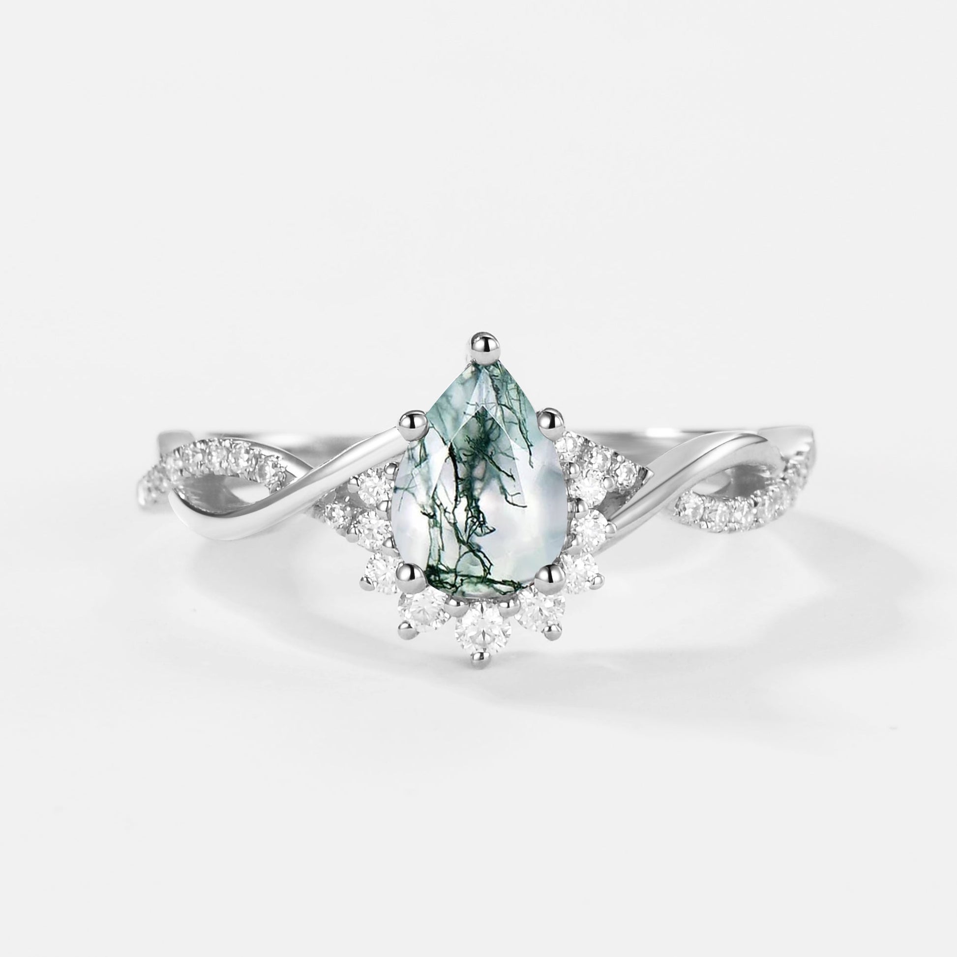 Barbara’s Grove | Pear Moss Agate Infinity Engagement Ring