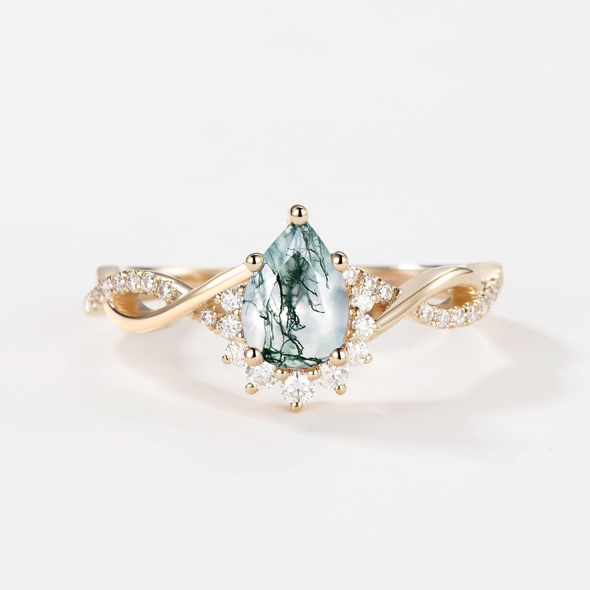 Barbara’s Grove | Pear Moss Agate Infinity Engagement Ring.
