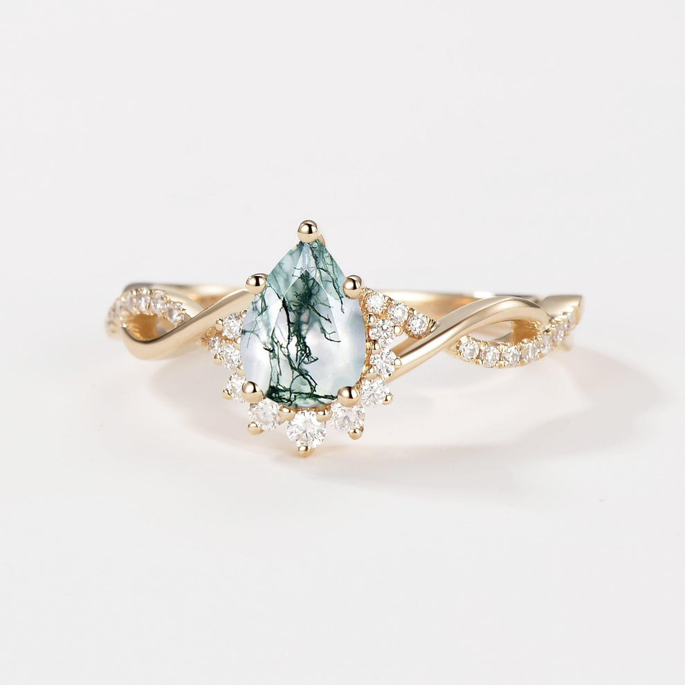 Barbara’s Grove | Pear Moss Agate Infinity Engagement Ring.