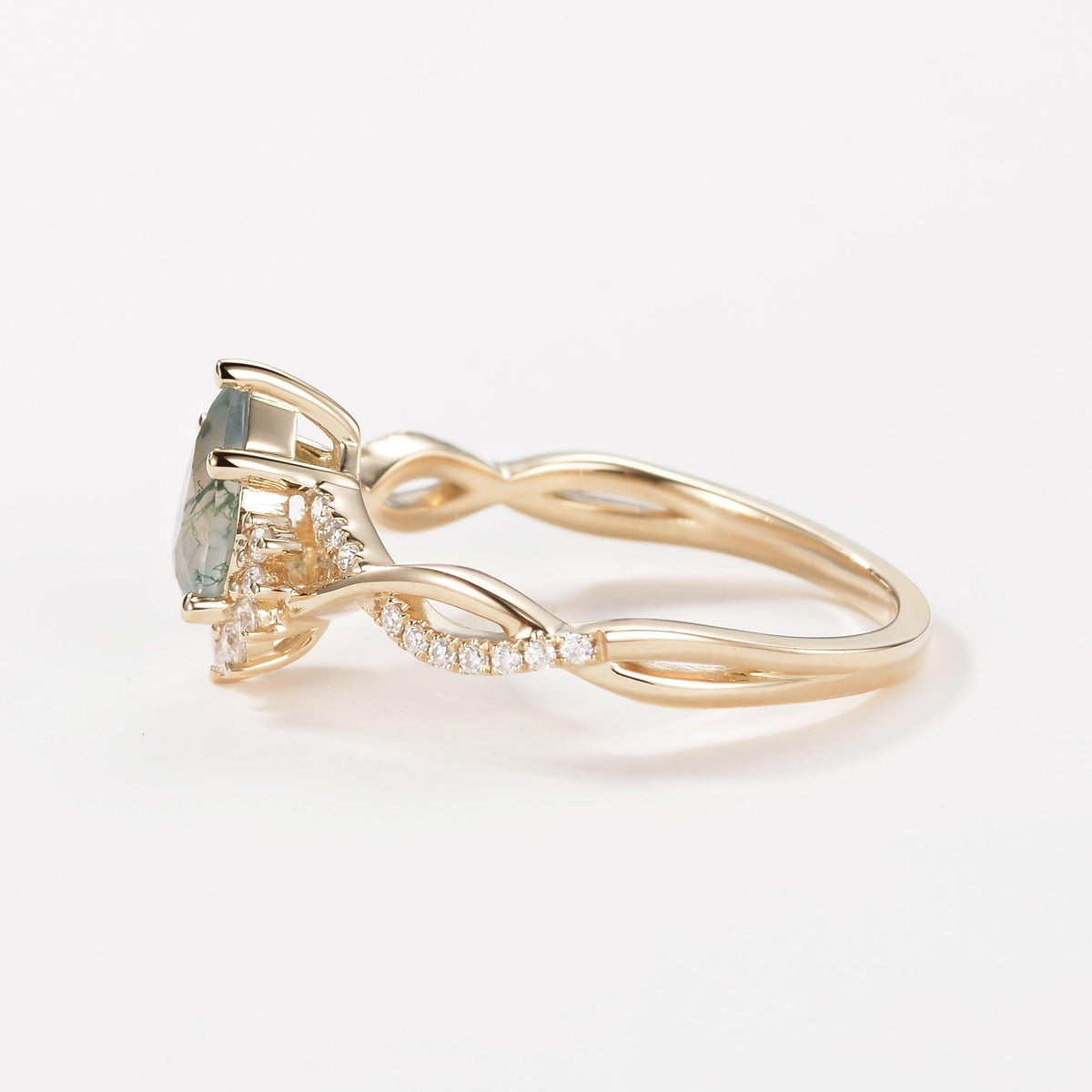 Barbara’s Grove | Pear Moss Agate Infinity Engagement Ring.