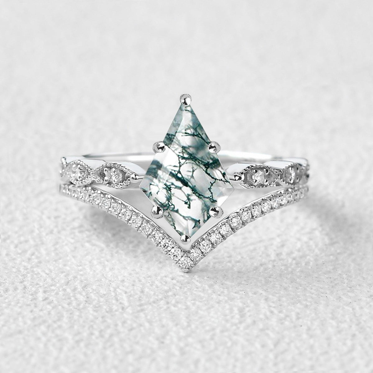 Art-Deco Kite Cut Moss Agate  Engagement Ring Set 2pcs.