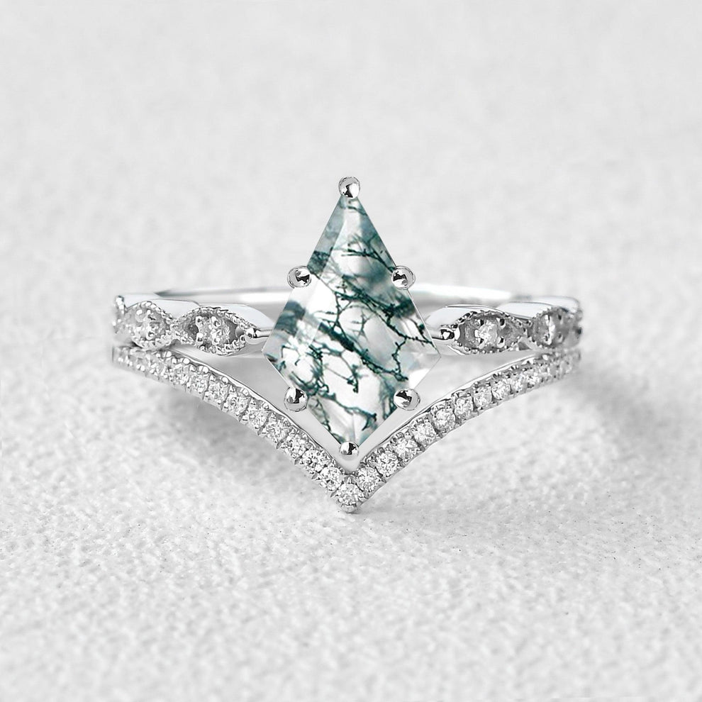 Art-Deco Kite Cut Moss Agate  Engagement Ring Set 2pcs.