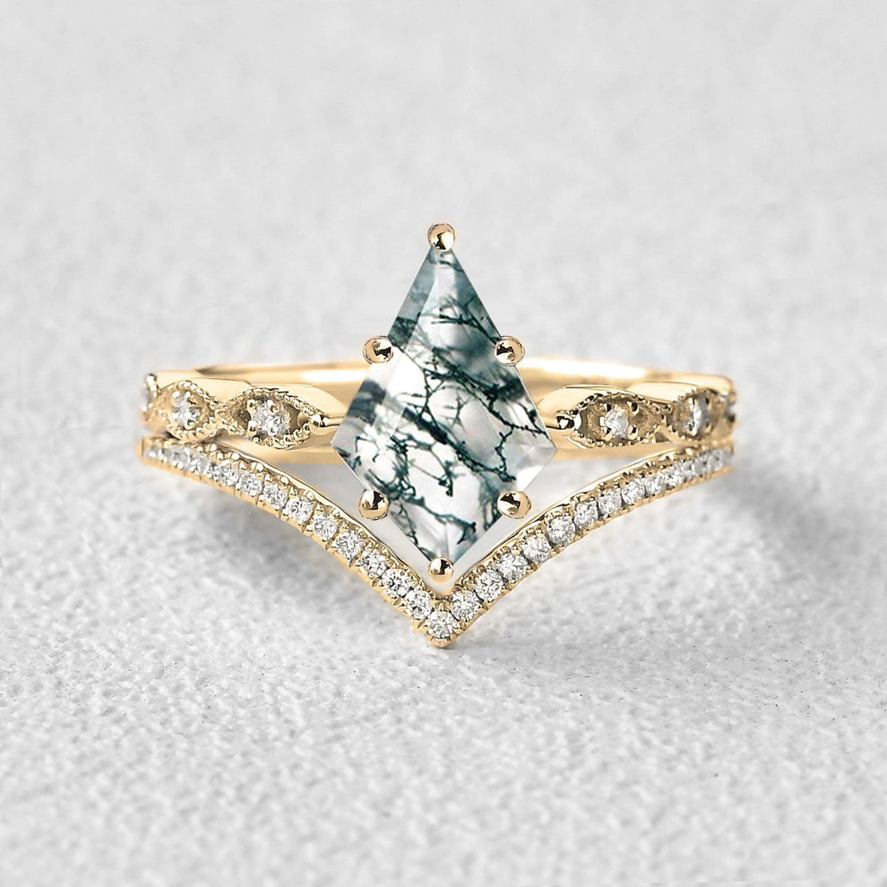 Art-Deco Kite Cut Moss Agate  Engagement Ring Set 2pcs.