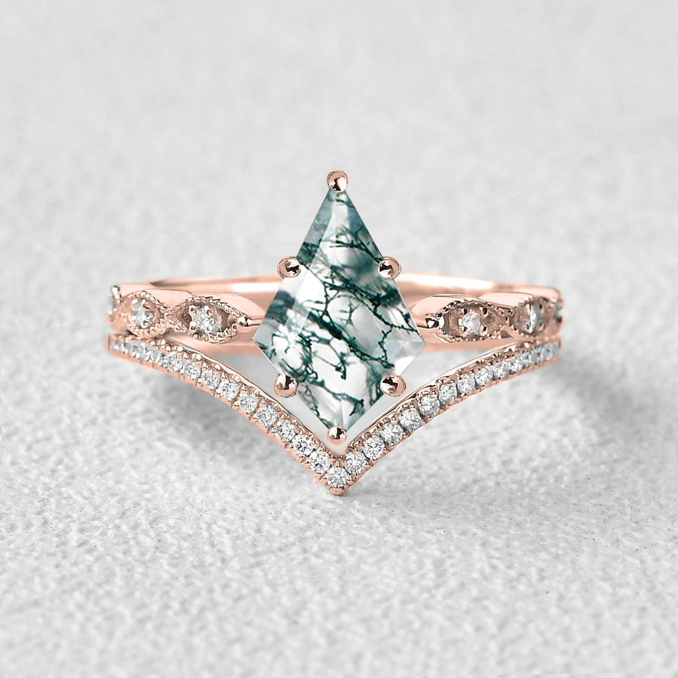 Art-Deco Kite Cut Moss Agate  Engagement Ring Set 2pcs.