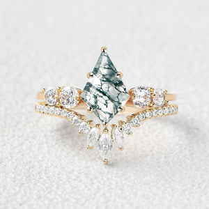 Round Staccato Kite Cut Moss Agate Engagement Ring Set 2pcs.