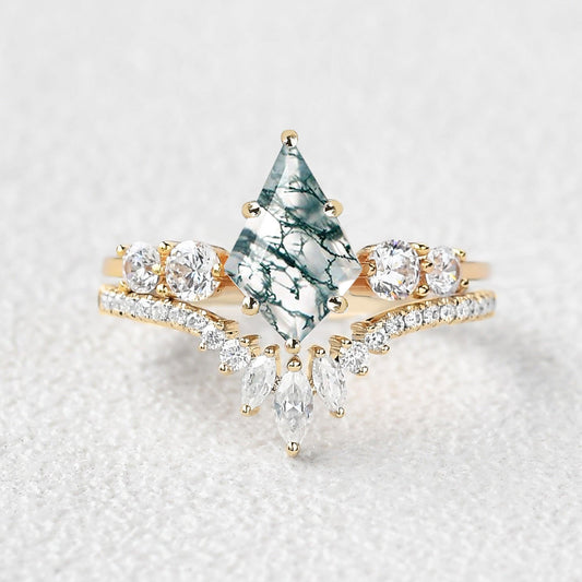 Round Staccato Kite Cut Moss Agate Engagement Ring Set 2pcs.