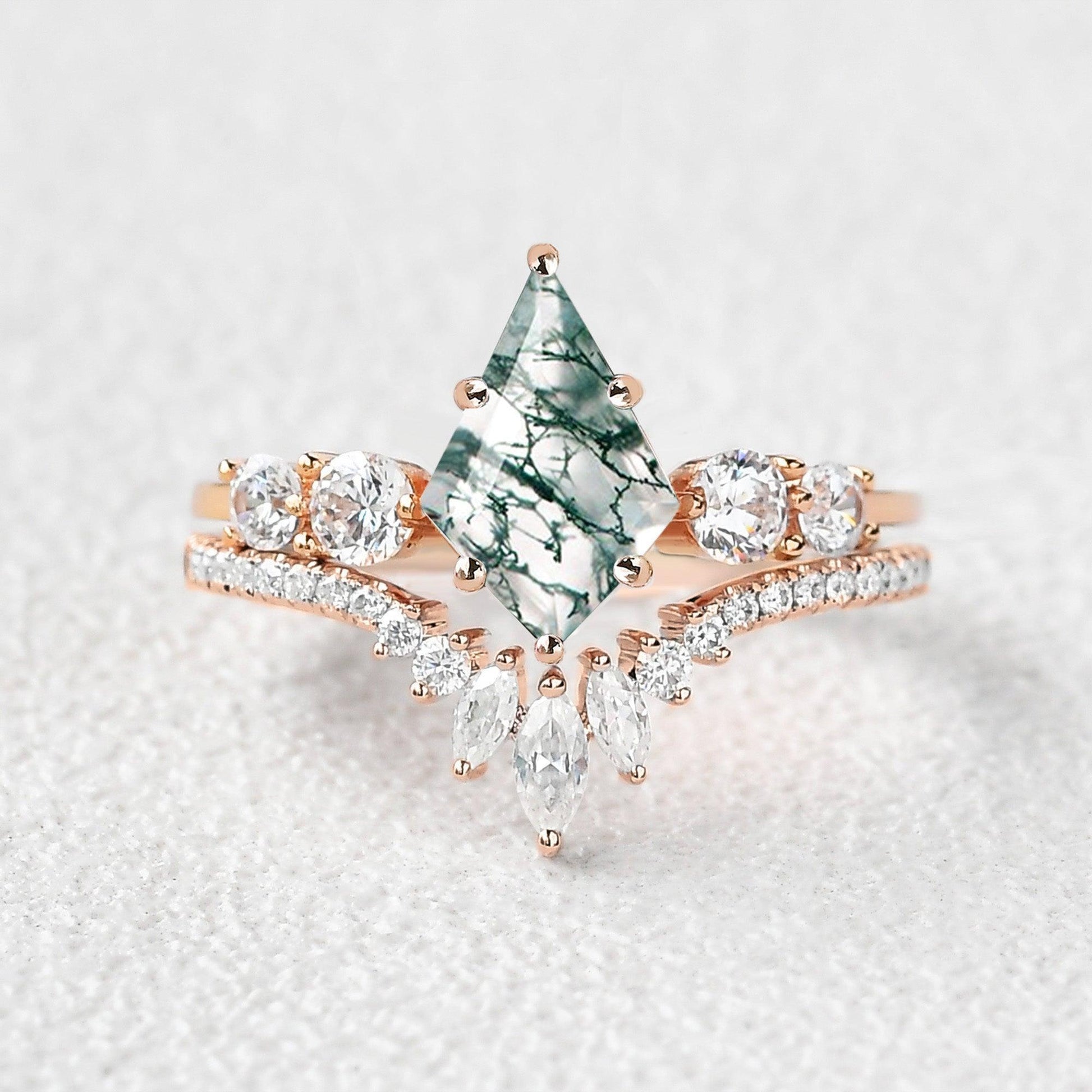 Round Staccato Kite Cut Moss Agate Engagement Ring Set 2pcs.