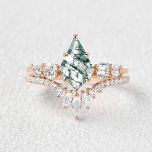 Round Staccato Kite Cut Moss Agate Engagement Ring Set 2pcs.
