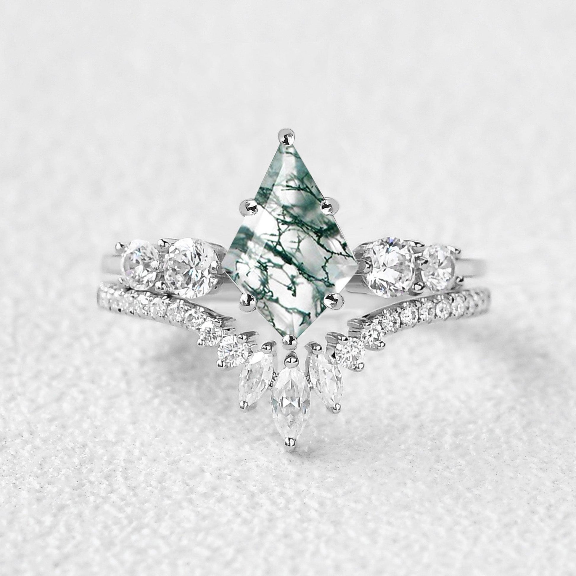 Round Staccato Kite Cut Moss Agate Engagement Ring Set 2pcs.