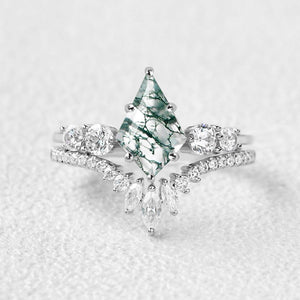 Round Staccato Kite Cut Moss Agate Engagement Ring Set 2pcs.