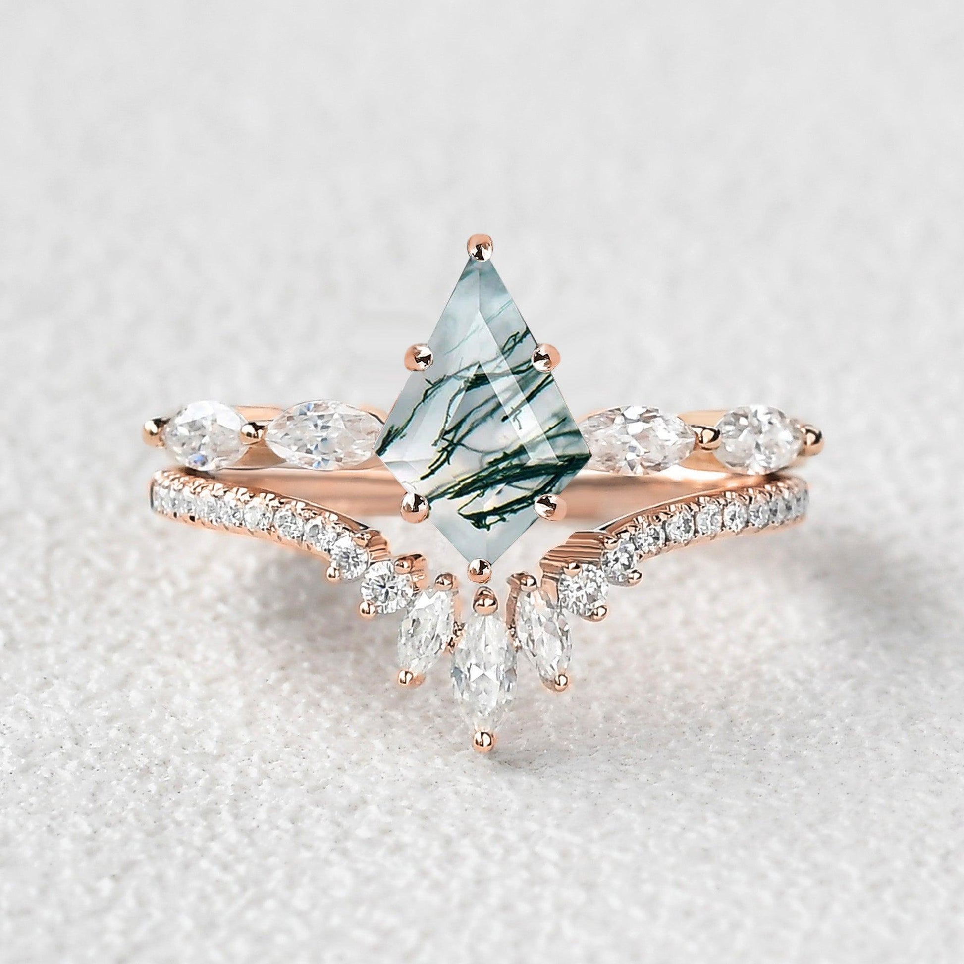 Marquise Staccato Kite Cut Moss Agate Engagement Ring Set 2pcs.