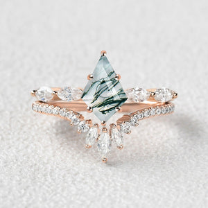 Marquise Staccato Kite Cut Moss Agate Engagement Ring Set 2pcs.