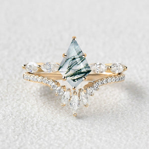 Marquise Staccato Kite Cut Moss Agate Engagement Ring Set 2pcs.