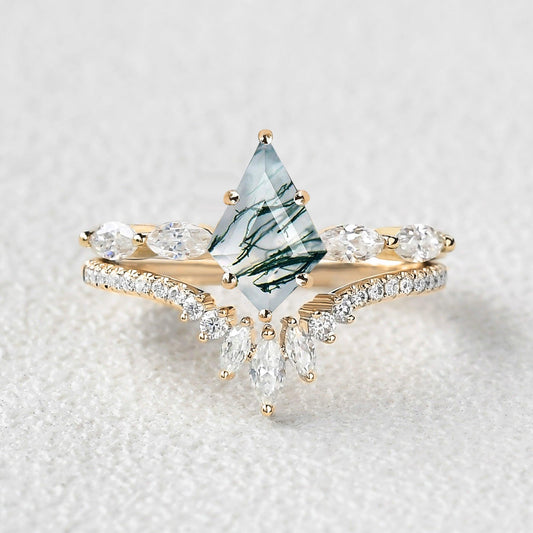 Marquise Staccato Kite Cut Moss Agate Engagement Ring Set 2pcs.