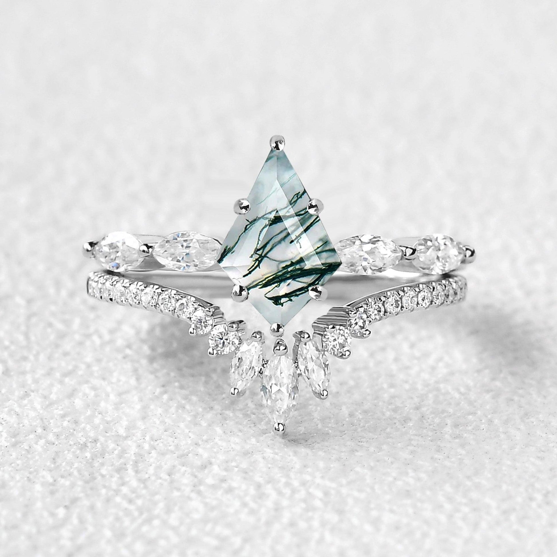 Marquise Staccato Kite Cut Moss Agate Engagement Ring Set 2pcs.