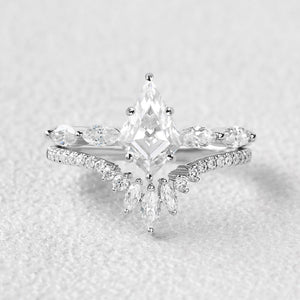 Marquise Staccato Kite Cut Moss Agate Engagement Ring Set 2pcs.