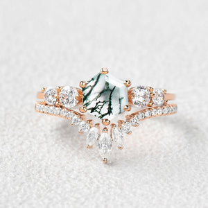 Round Staccato Hexagon Moss Agate Engagement Ring Set 2pcs.