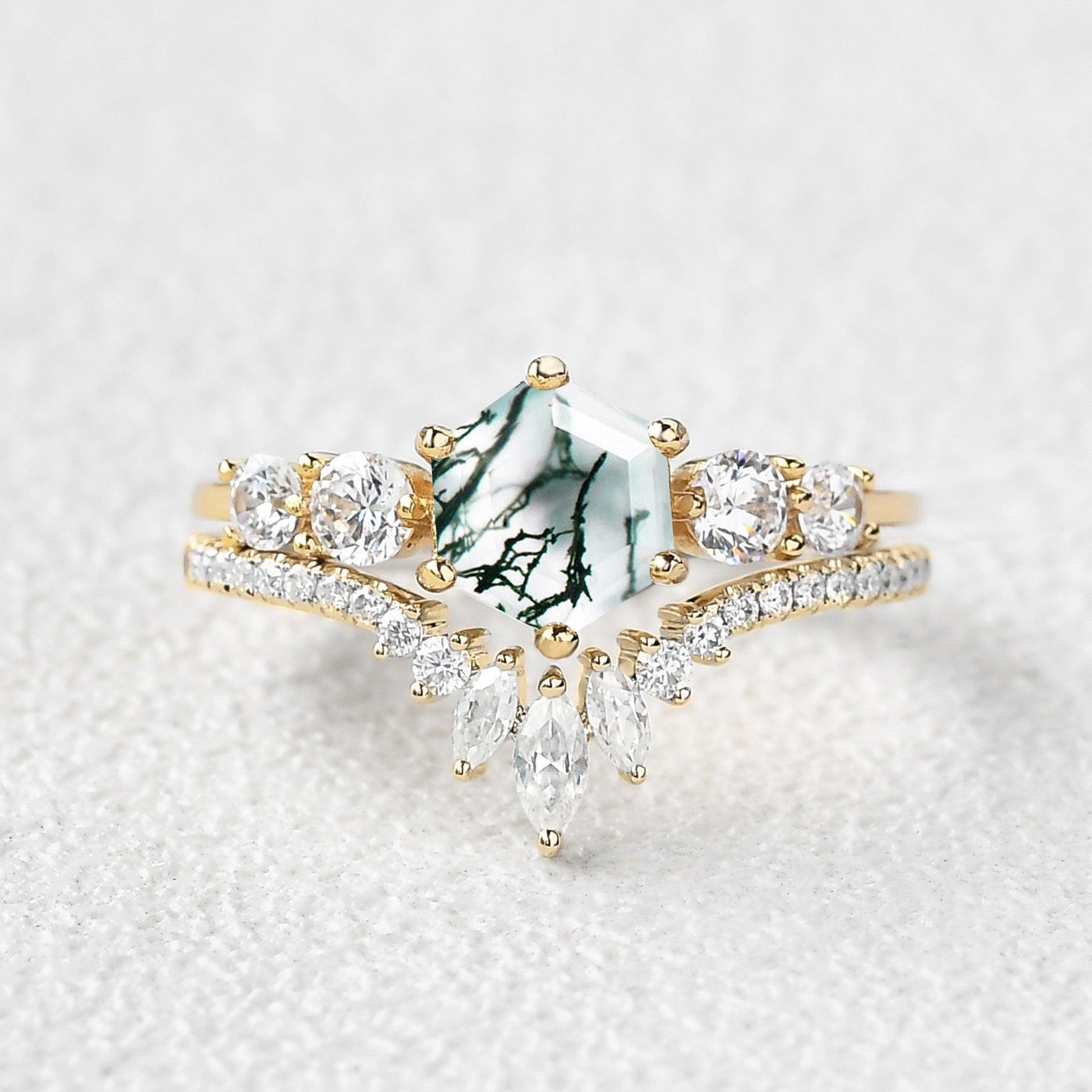 Round Staccato Hexagon Moss Agate Engagement Ring Set 2pcs.