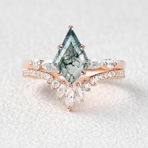 Kite Cut Staccato Moss Agate Engagement Ring Set 2pcs.
