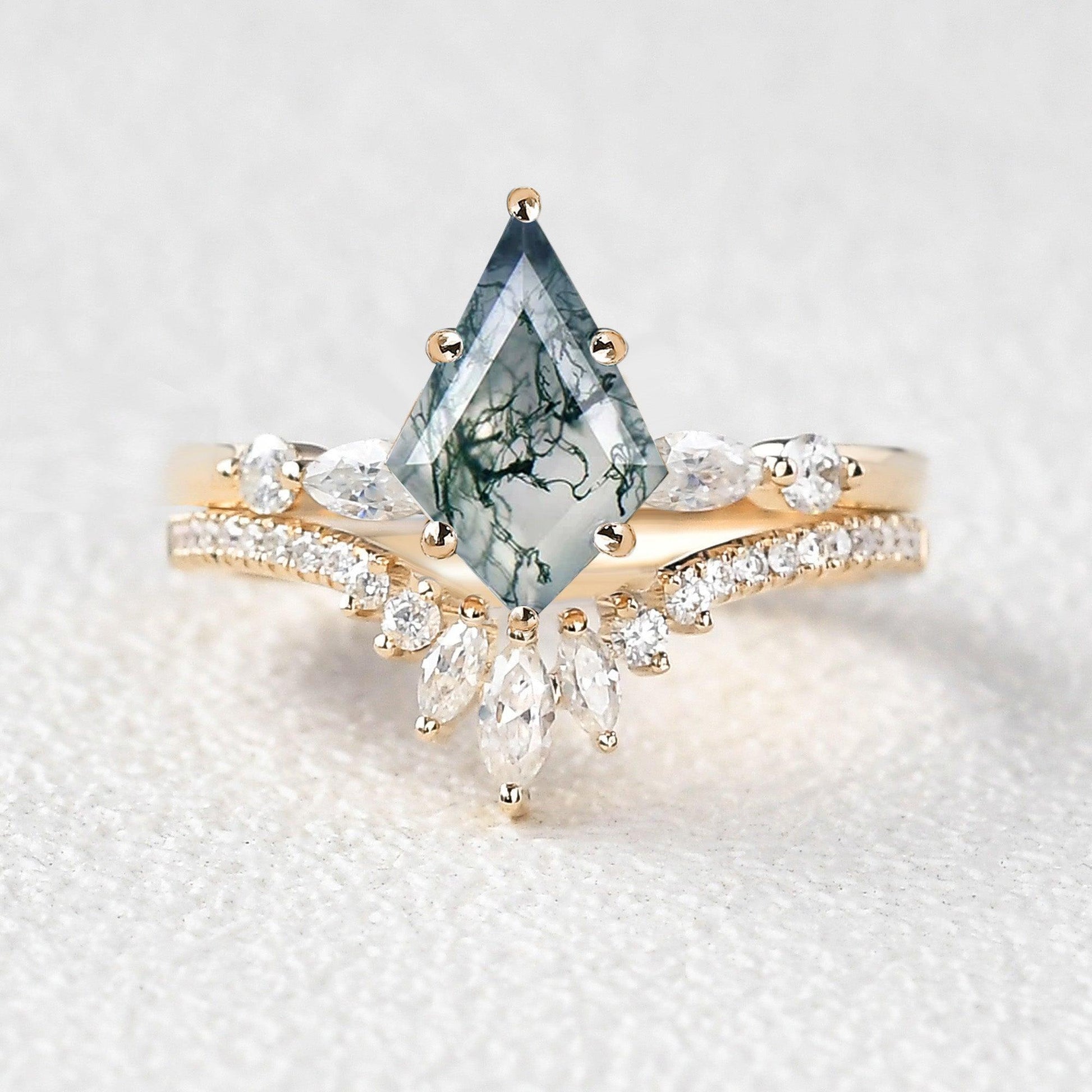 Kite Cut Staccato Moss Agate Engagement Ring Set 2pcs.