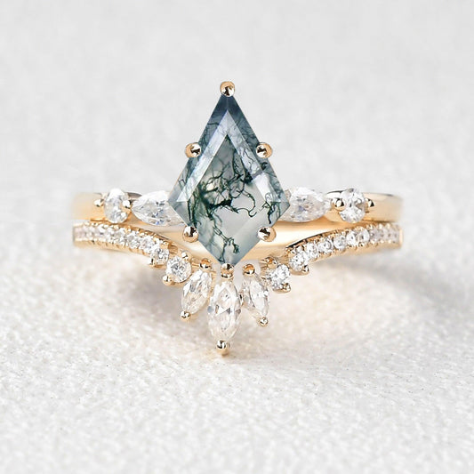 Kite Cut Staccato Moss Agate Engagement Ring Set 2pcs.