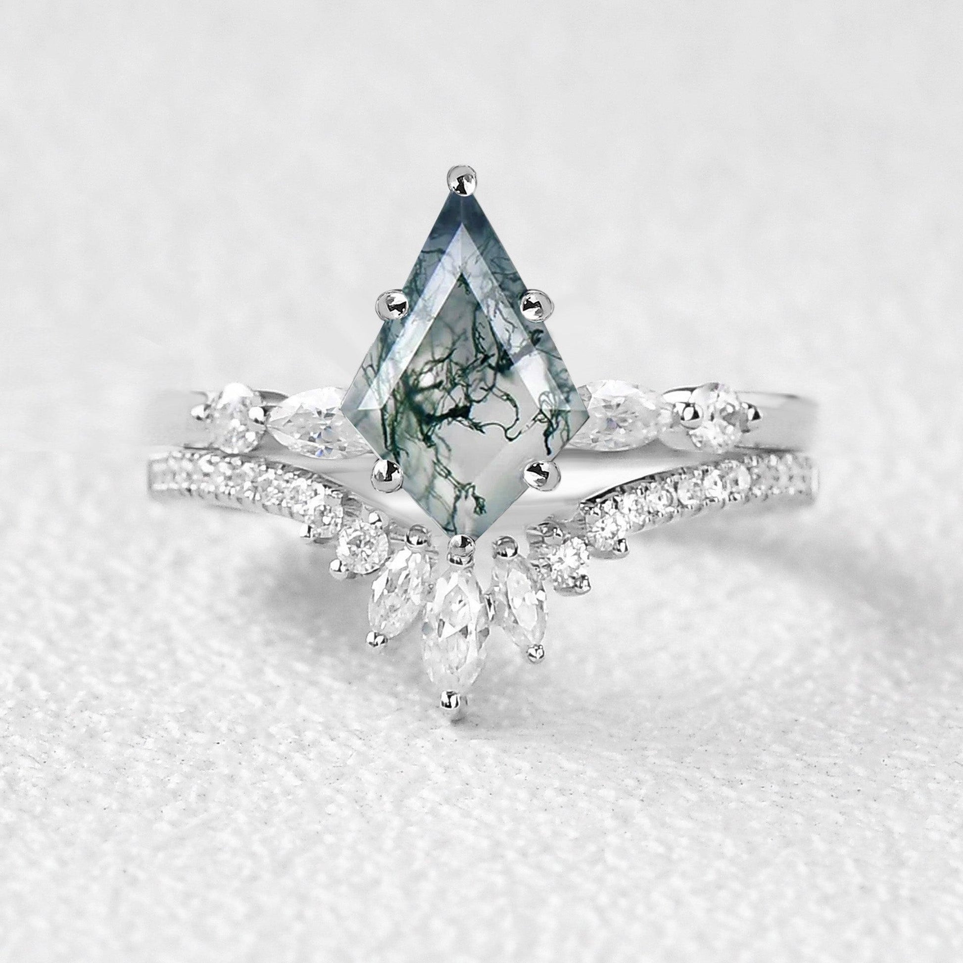 Kite Cut Staccato Moss Agate Engagement Ring Set 2pcs.