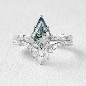 Kite Cut Staccato Moss Agate Engagement Ring Set 2pcs.