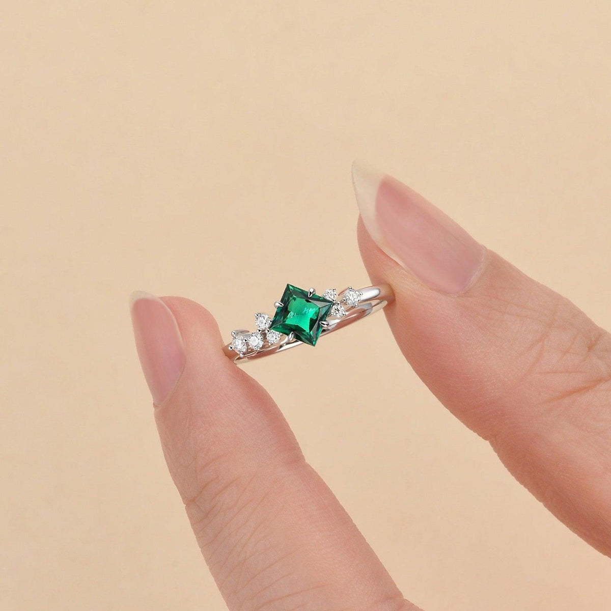 Rosalba’s Emeraude | Princess Cut Lab Emerald Solitaire Engagement Ring.