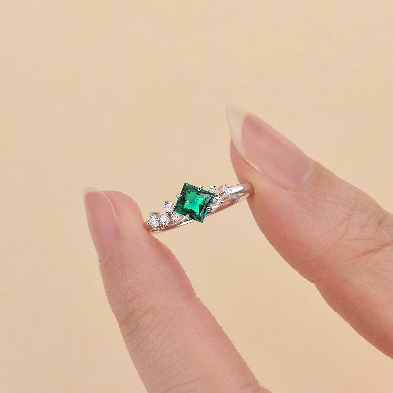 Rosalba’s Emeraude | Princess Cut Lab Emerald Solitaire Engagement Ring