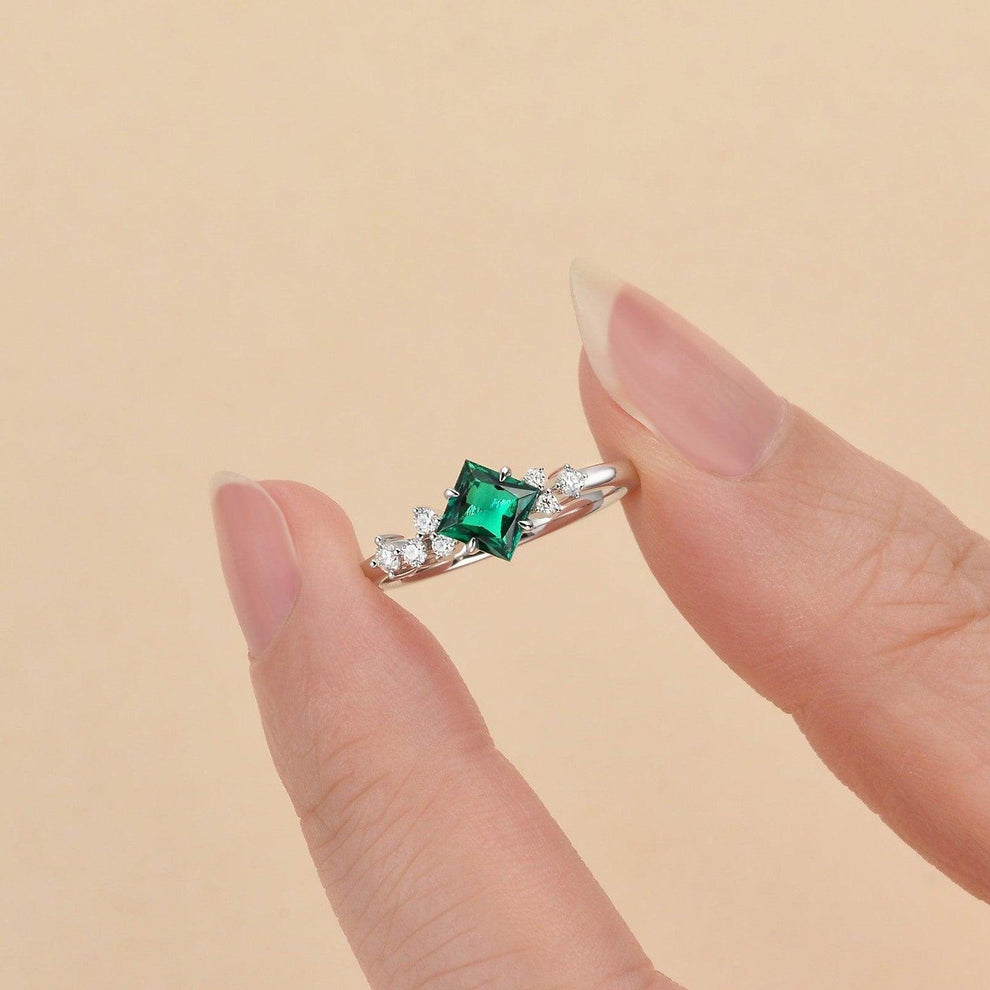 Rosalba’s Emeraude | Princess Cut Lab Emerald Solitaire Engagement Ring.