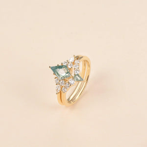 Zoey Twin Flames - Kite Cut Unique Moss Agate Engagement Ring Sets 2pcs.