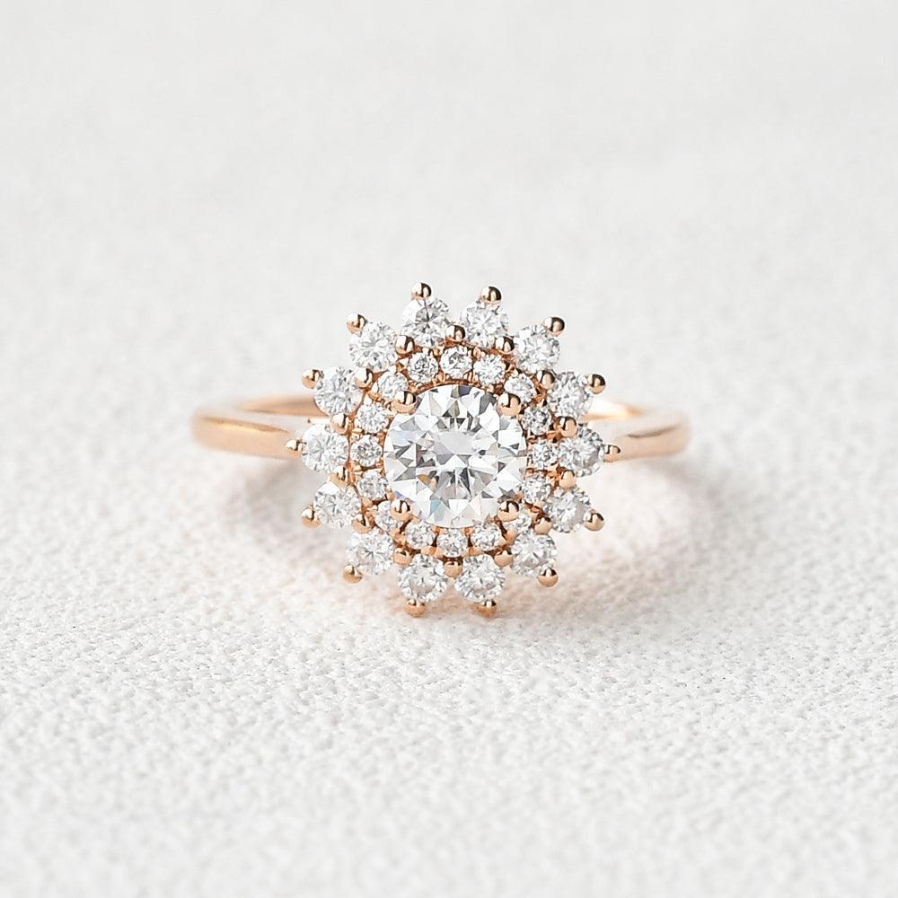 Flower Round Cut Moss Agate Rose Gold Ring.