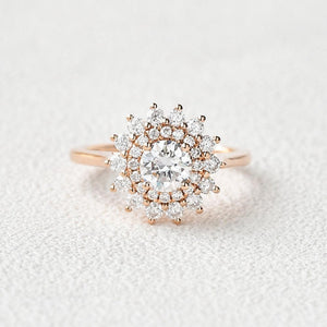 Flower Round Cut Moss Agate Rose Gold Ring.