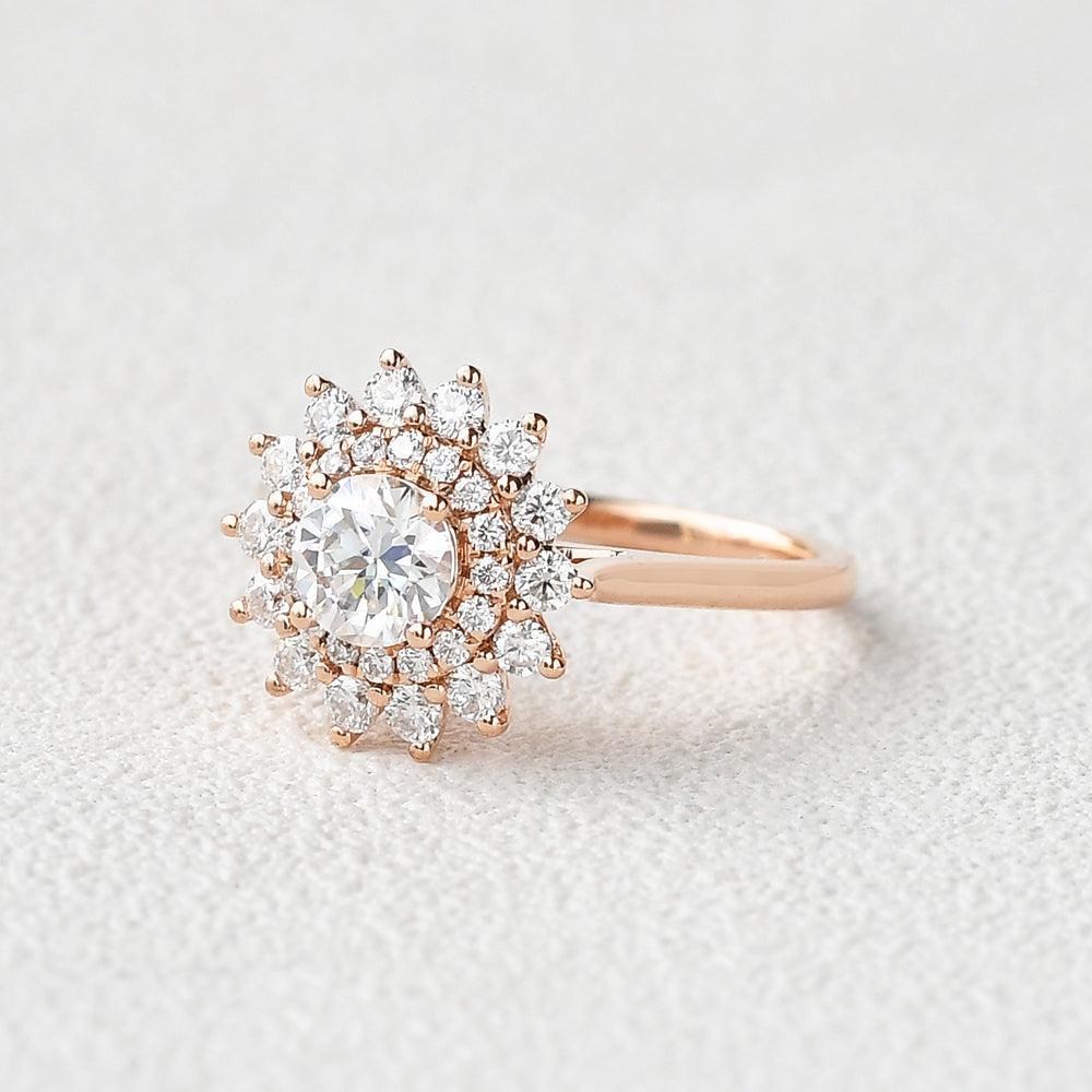 Flower Round Cut Moss Agate Rose Gold Ring.